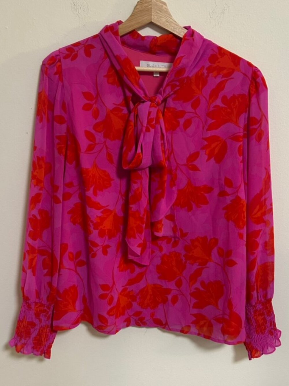 Sugarlips Etienne Bow Accent Tie Blouse Pink/Red Office Statement Sz XL EUC